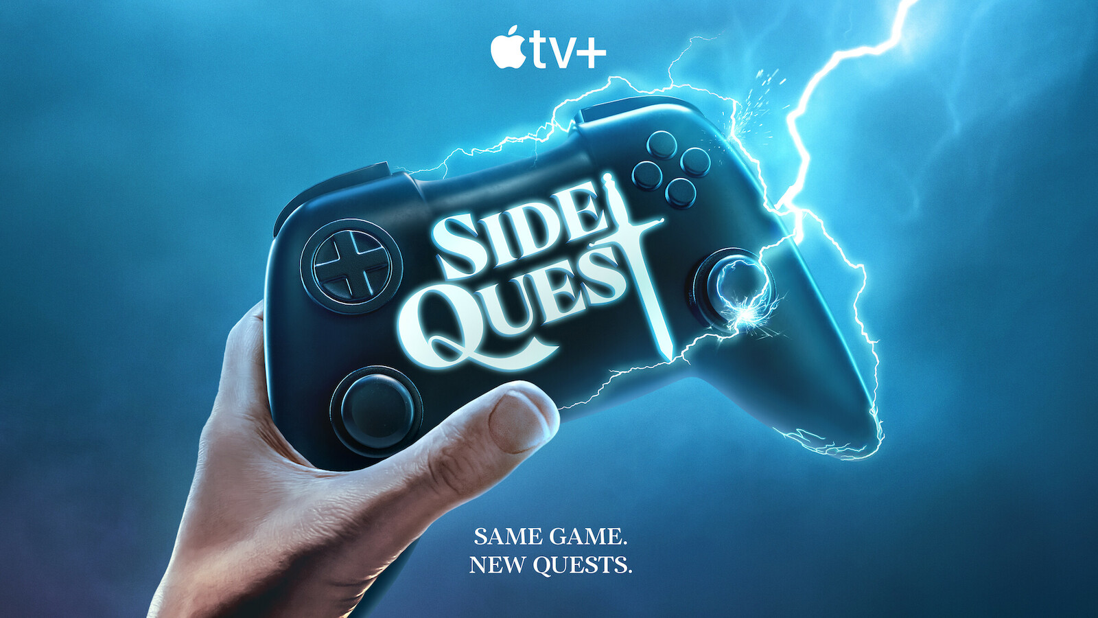 Affiche de la série Side Quest montrant une manette brisée par un éclair